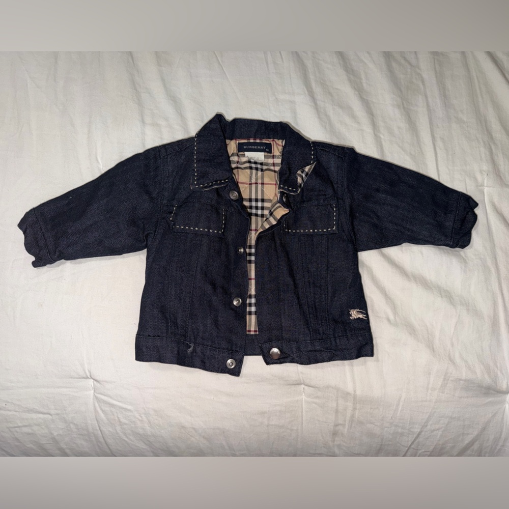 Burberry Dark Blue Denim Jean Jacket with Beige Check Lining